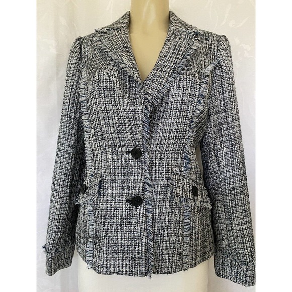 NWOT Karl Lagerfeld Fringe Trim Tweed Blazer Jacket Metallic Blue Two Bu… - Picture 2 of 12